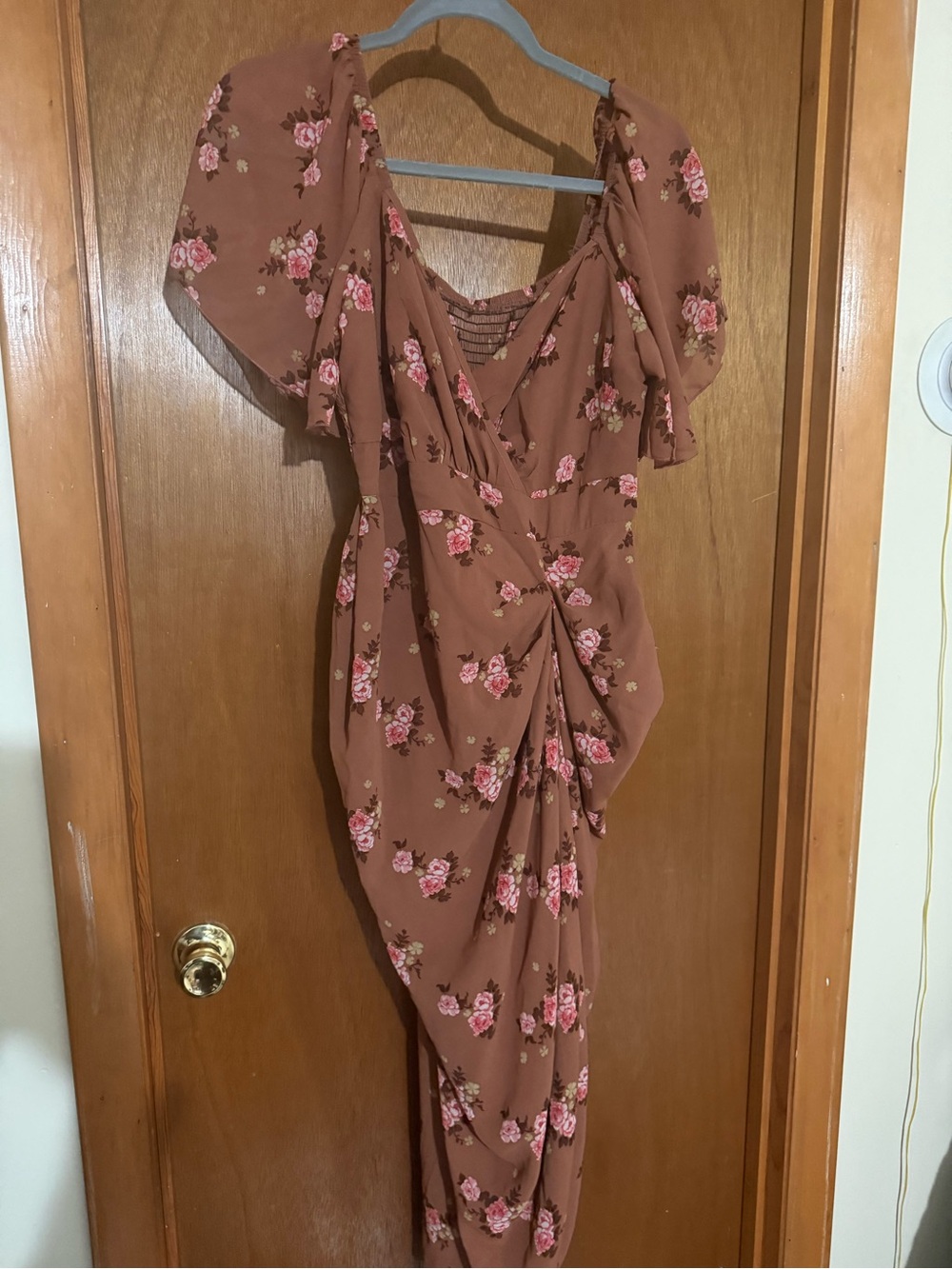 SHEIN Mauve Brown Floral Ruched Puff-Sleeve Midi Dress